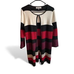 Kasper Striped Open-Front Cardigan – Black Red Cream – Size Small – Hook Closure